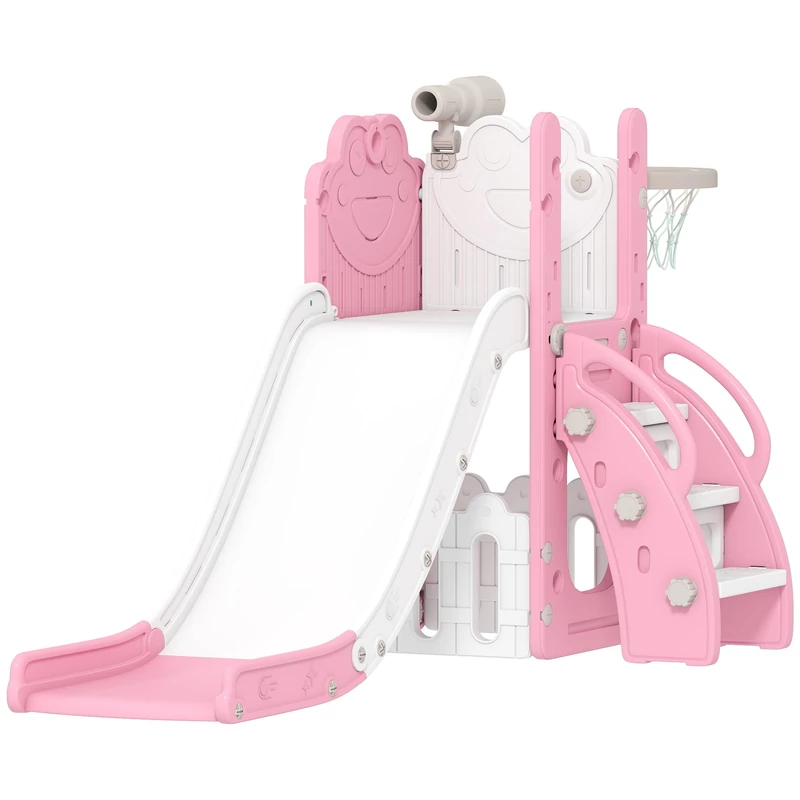 AIYAPLAY Kids Slide, 5 in 1 Toddler Slide Set with Basketball Hoop, Outdoor & Indoor Frog Theme Playset with Climbing Frame, Telescope, Storage Box for Toddlers Ages 1-3, Pink