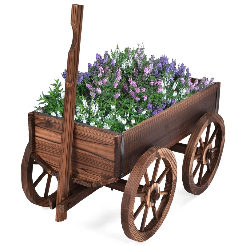FANTASK Wooden Flower Trolley, 120 x 43 x 53.5 cm, Plant Trolley with Handle, Flower Stand with 4 Wheels, Garden Decoration, Handcart for Garden and Balcony - Image 1