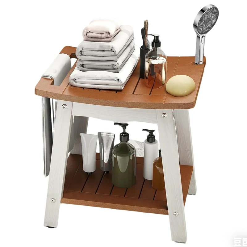 RELAX4LIFE Shower Bench, 2-Tier HIPS Bathroom Stool Seat with Shower Head & Soap Holder, Storage Shelf and Handle, Waterproof Slatted Spa Bathtub Chair Non-Slip Bath Stool for Elderly Disabled