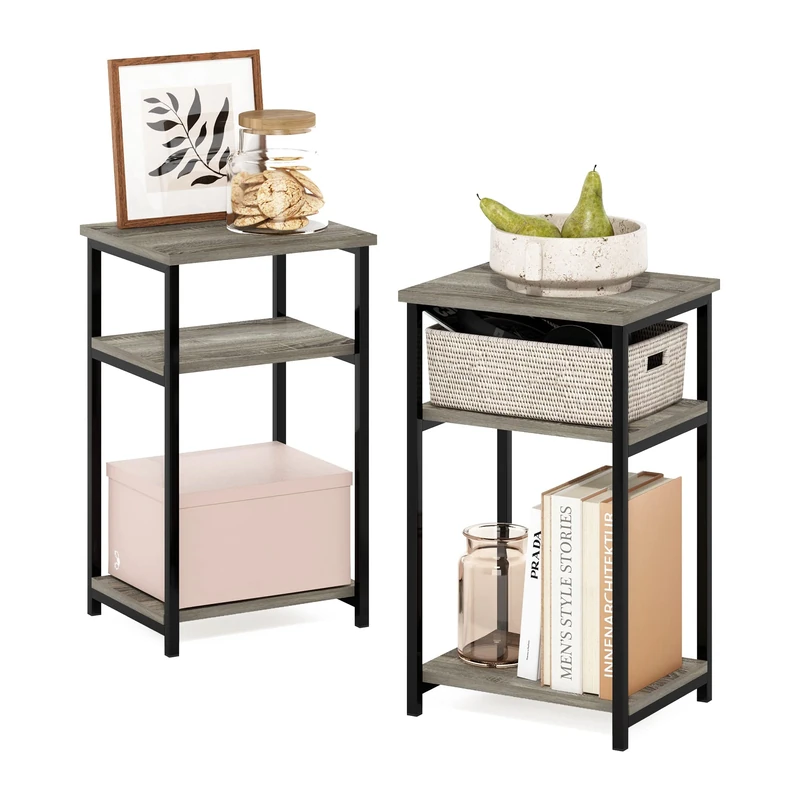 Furinno JUST Side Table Set of 2, 3-Tier Modern Metal Frame End Table with Open Shelf, Night Stand, Bedside Table, Easy Assembly,for Living Room, Bedroom, Grey Oak - Image 1