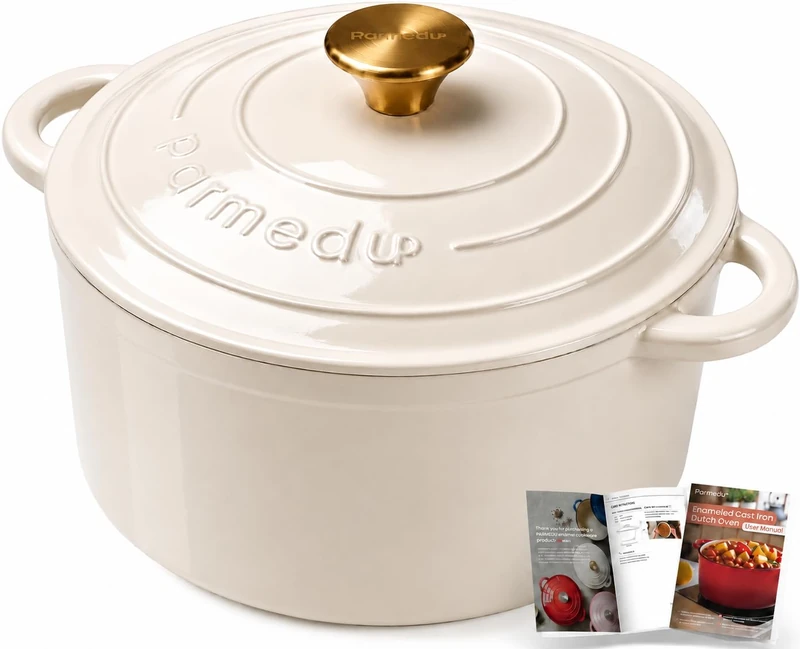Parmedu 5.5QT Enameled Cast Iron Dutch Oven for Sourdough Bread White