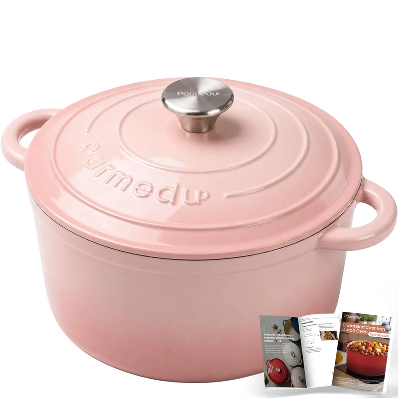 Parmedu 5.5QT Enameled Cast Iron Dutch Oven for Sourdough Bread Pink