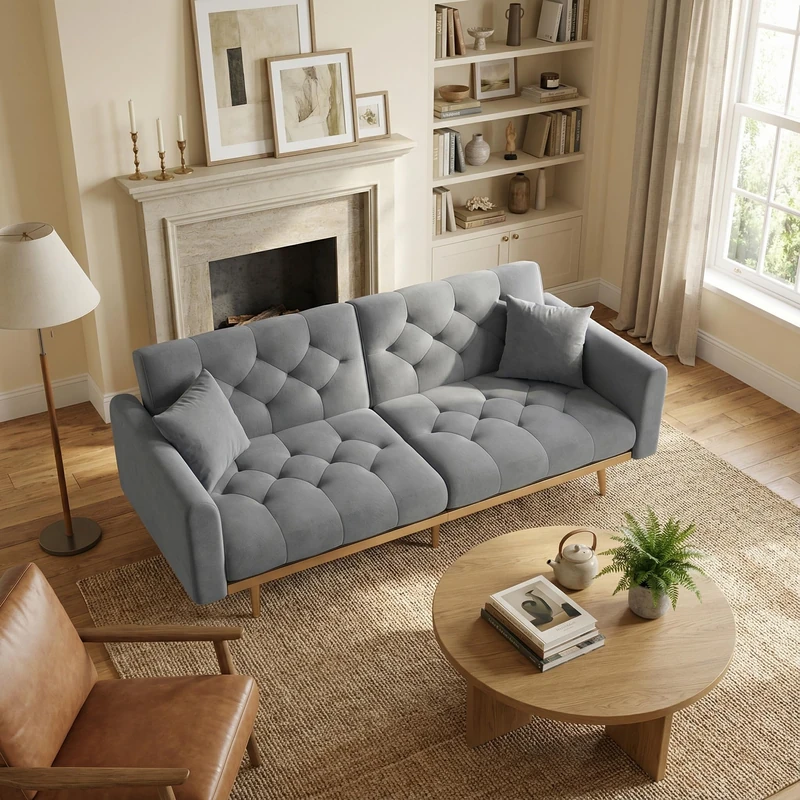 39F Furniture Dream Modern 2-Seater Velvet Sofa Bed, Adjustable Backrest, Thick Cushions, Gold Metal Legs, Grey Loveseat for Living Room, Bedroom, or Office, 165x72.5x75cm