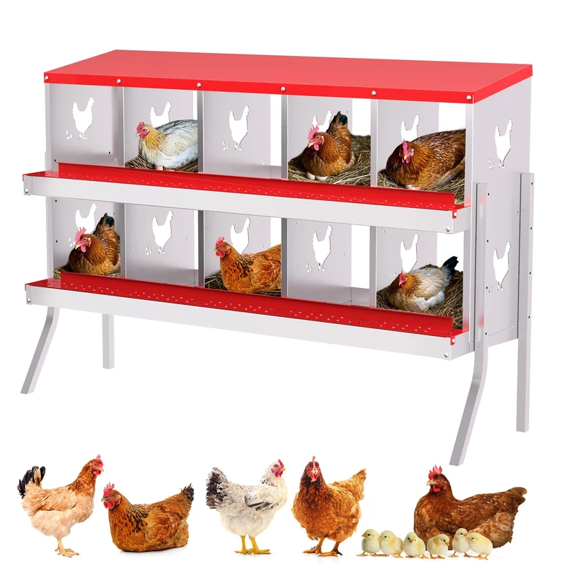 GarveeLife Metal Chicken Nesting Box – 10 Compartments with Rollout Egg Collection, Heavy-Duty Galvanized Steel, Large Vented Holes, Rustproof, Easy Install & Clean, Red, 10 Grids (With Bracket)
