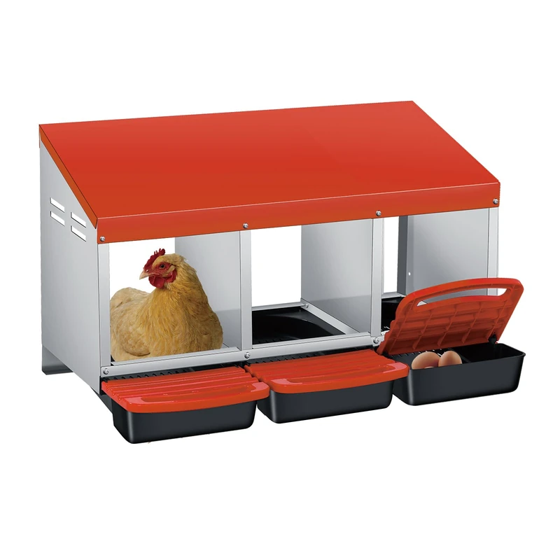 GarveeLife Rollaway Chicken Nesting Box – 3-Compartment Egg Collection System with Ventilated, Waterproof Metal Roof, Wall or Floor Mount, Easy Clean Hen Laying Nest – Orange, Three Grids
