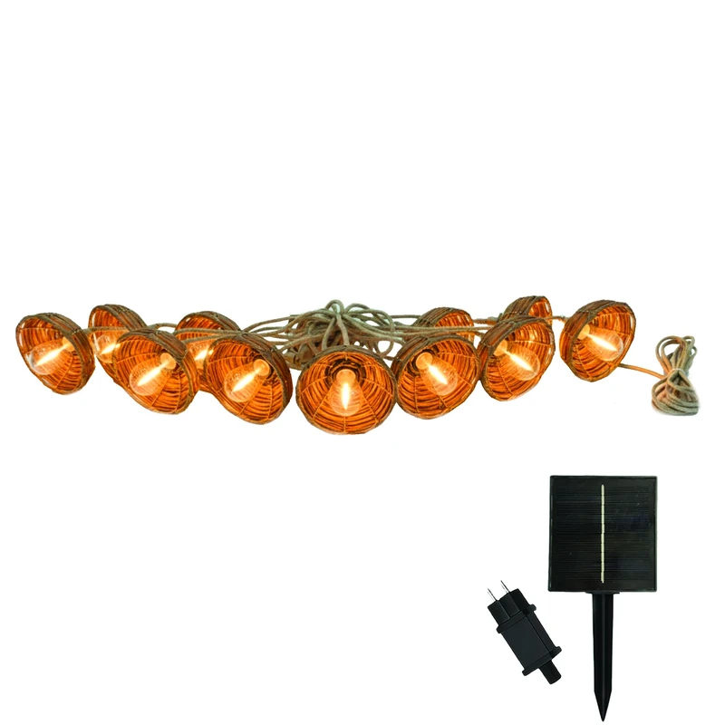 Cottage Hybrid 10 Shade Outdoor Lining Light Chain POLYRATTAN 8M Warm White Solar and Mains