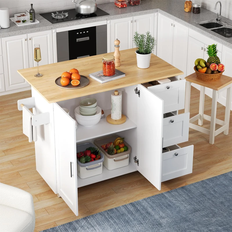 39F Furniture Dream Modern Kitchen Island Trolley, Foldable Oak-Texture Tabletop, 3 Drawers, 2-Door Cabinet, Lockable Wheels, Towel Rack, White MDF, 135x44(70) x90cm