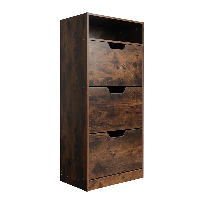 Relaxdays Shoe Cabinet with Shelf, 140x60x24 cm, Holds 14 Pairs, 3 Tilt Doors, Narrow, Industrial Brown