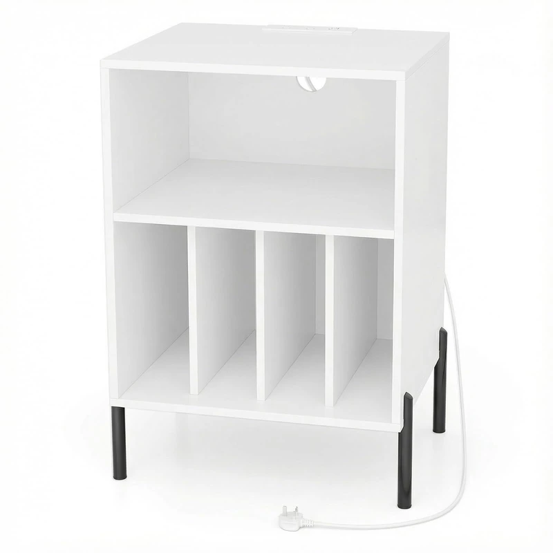 CASART Record Player Stand, Turntable Stand with Charging Station, Metal Legs & Cable Hole, Vinyl Record Storage Cabinet Holds up to 150 Albums End Table for Living Room Bedroom (White)