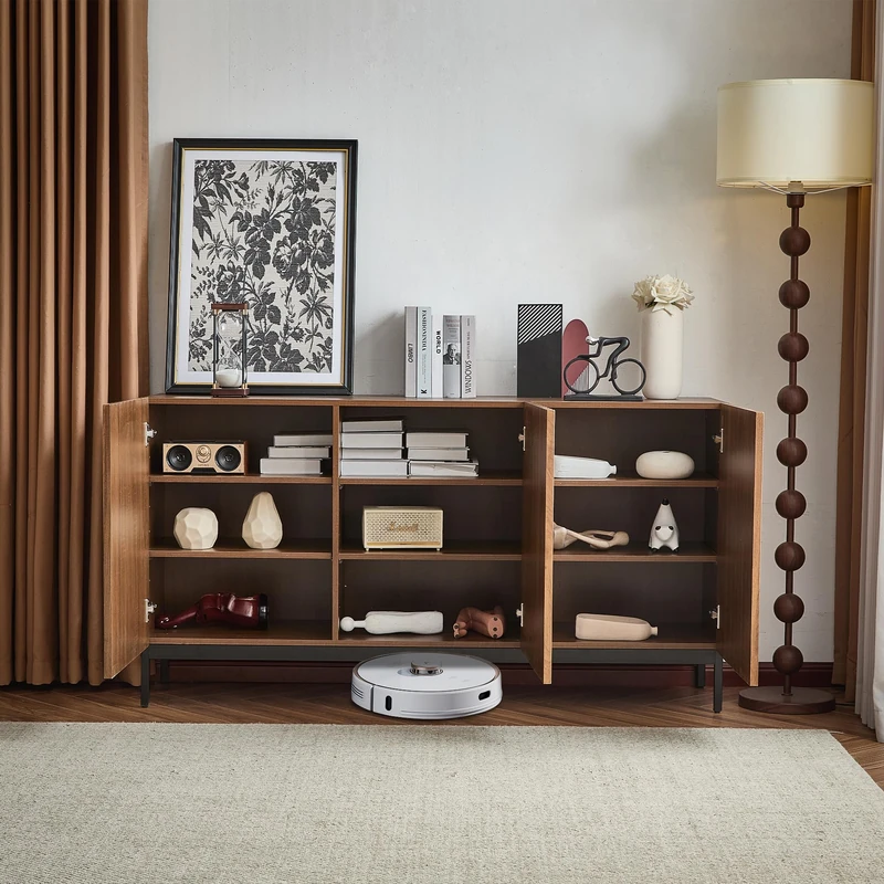 39F Furniture Dream Modern Dark Oak Sideboard, 3D Wave Design, 3 Doors, Adjustable Shelves, Anti-Tip, 150x40x80cm, Mid-Century Storage Cabinet for Living Room, Dining Room, or Office