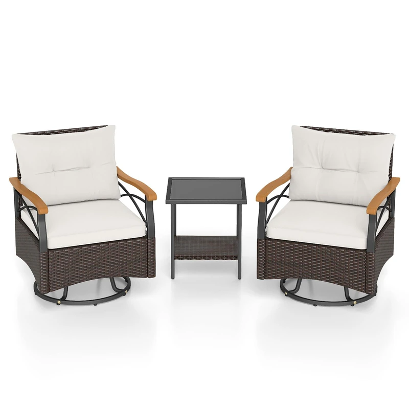 RELAX4LIFE 3 Piece Rattan Rocking Bistro Set, Swivel Garden Furniture Set with Armrests & Cushion, 2-Tier Side Table and Chairs for Backyard Porch Balcony