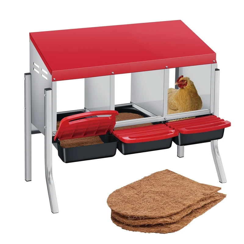 GarveeLife Roll-Out Chicken Nesting Box with 3 Compartments – Removable Galvanized Steel Trays & Perch – Easy-Clean Wall Mount or Freestanding Laying Box for Hens and Poultry – Sturdy Metal – Red