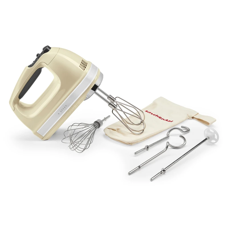 KitchenAid Hand Blender 9 Speed, DC Motor 85W with Soft Start, 6 Accessories – Whisks, Rod, Hooks and Mixing Rod, Swivel Cable, Case, Cream Almond