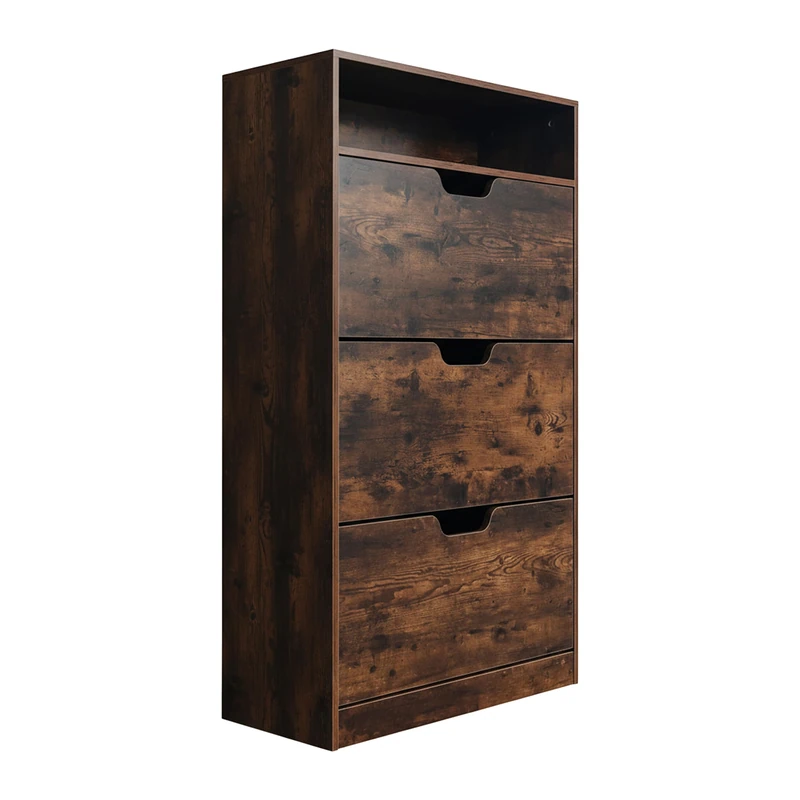 Relaxdays Shoe Cabinet with Storage, 3 Tilt-Out Doors, 80cm Wide, Modern Brown, Holds 18 Pairs, Narrow Hallway Design