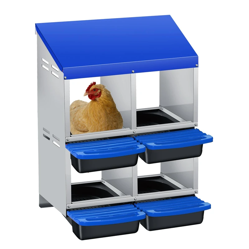GarveeLife Rollaway Chicken Nesting Box – 4-Compartment Double Layer Galvanized Steel, Pull-Out Egg Tray, Waterproof & Ventilated Roof, Easy Clean, Wall or Floor Mount – Blue, Four-Compartment Double