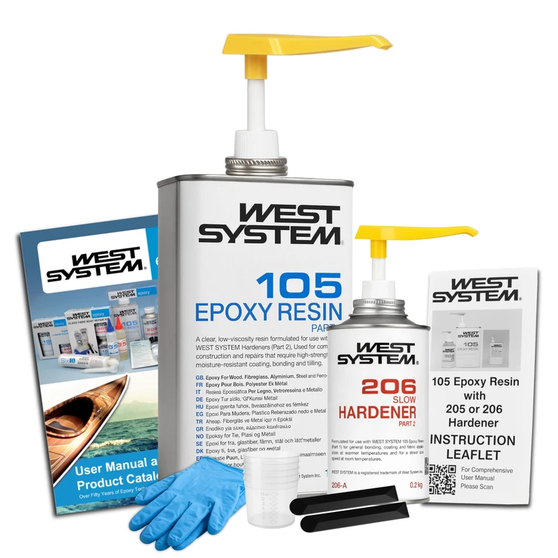 WEST SYSTEM Epoxy Resin & Hardener 105/206 Starter Pack - Marine Grade Epoxy for Wood, Metal & Fibreglass, Suitable for Outdoor Use, Furniture & DIY – Ideal for Polyester Surfaces & Gap Filling - Image 1
