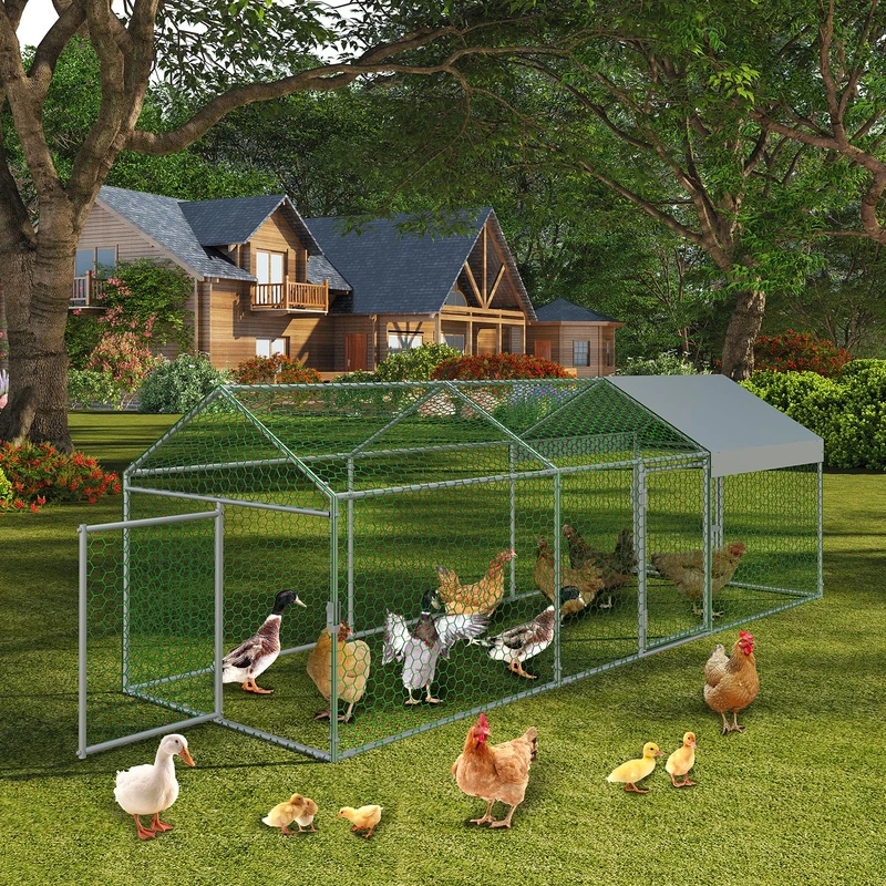 Large Metal Chicken Coop with Run,120x40x40 Inch Walk in Chicken Runs for Outdoor Backyard, Heavy Duty Poultry Pen with Security Lock & Anti-UV Cover, Tri-Supporting Wire Mesh