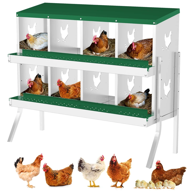 GarveeLife Metal Chicken Nesting Box – 8 Compartments with Rollout Egg Collection, Large Vented Egg Laying Boxes, Rustproof Galvanized Steel, Easy Install & Clean, Wall-Mountable, Green, 8 Grids (With