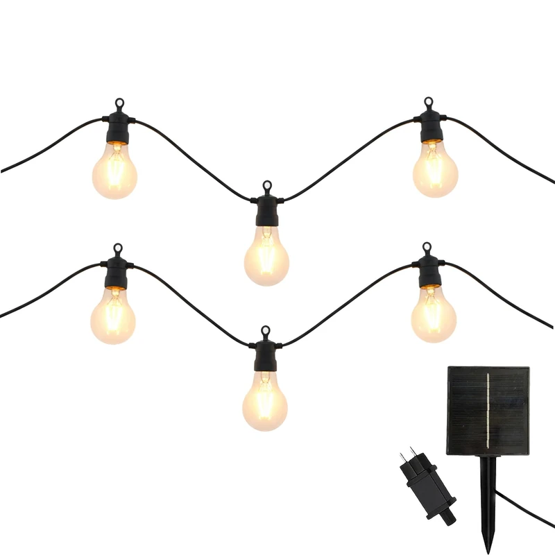 Pack of 2 LED String Lights Outdoor 10 Transparent Globes Warm White Dimmable Party Clear Hybrid 8 m Solar and Mains Powered