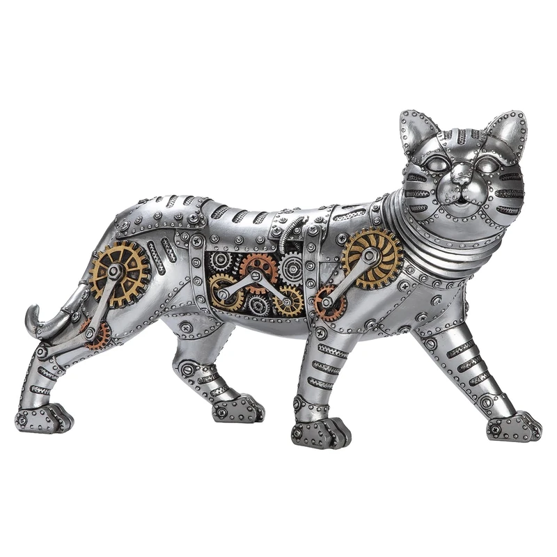 GILDE Steampunk Cat Figurine Made of Resin – Silver – Gear Motif – Height 23 cm x Width 35 cm - Image 1
