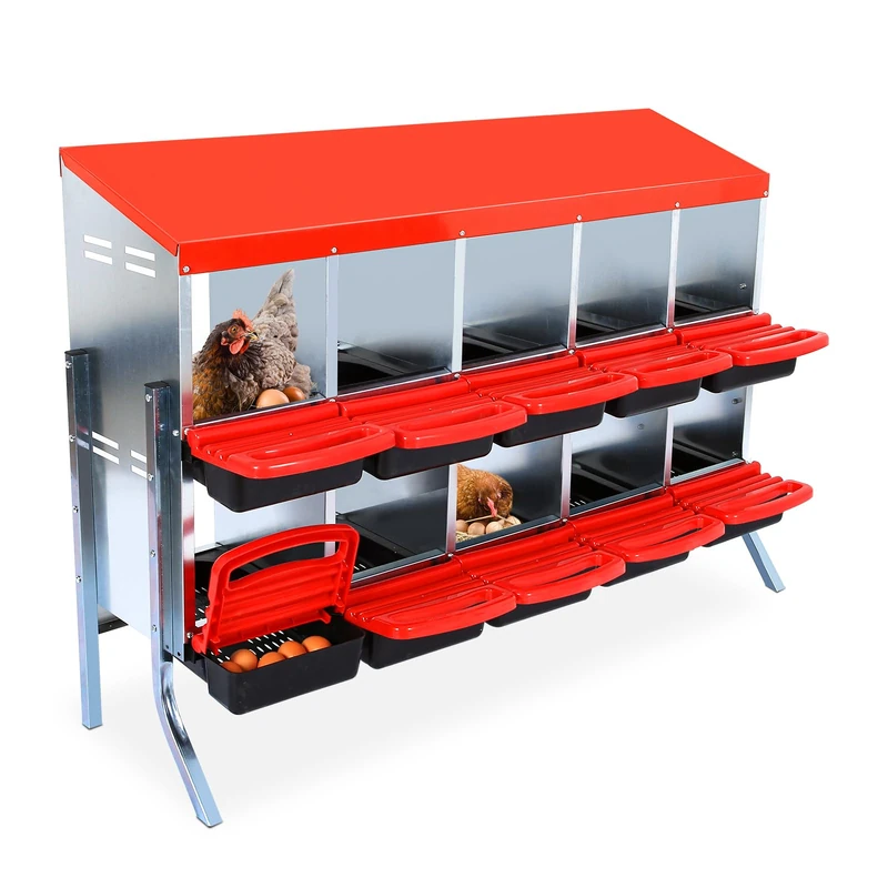 GarveeLife Efficient Egg Collection Metal Chicken Nesting Box – Roll Away Design, 10 Compartments, Pull-Out Cleanable Trays, Wall Mount or Free Standing, Durable Lid Cover, with bracket legs, red,