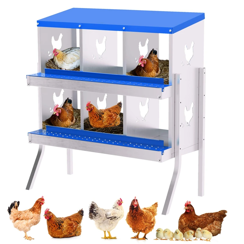 Rustproof Galvanized Steel Chicken Nesting Box – 2-Tier, 6 Compartments, Roll Away Egg Collection, Removable Drop Tray, Ventilated, Easy to Install, For Chicken Coops and Duck Houses