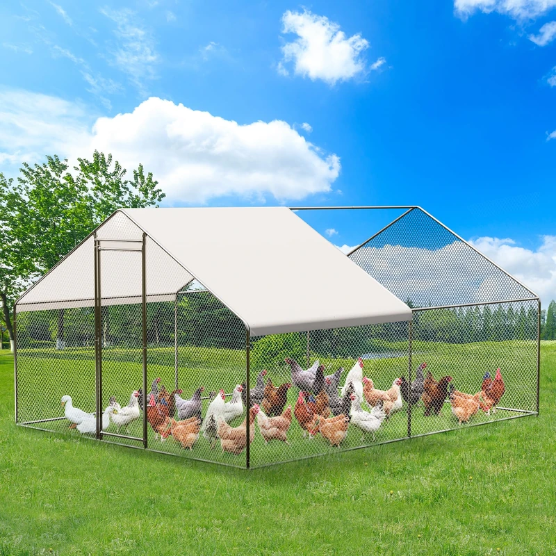 Large Walk-In Metal Chicken Coop – Secure Outdoor Poultry Cage with Waterproof & UV-Resistant Cover – Heavy Duty Wire Run for Chickens, Ducks, Rabbits, Small Pets 9.8 * 13.1 * 6.6ft