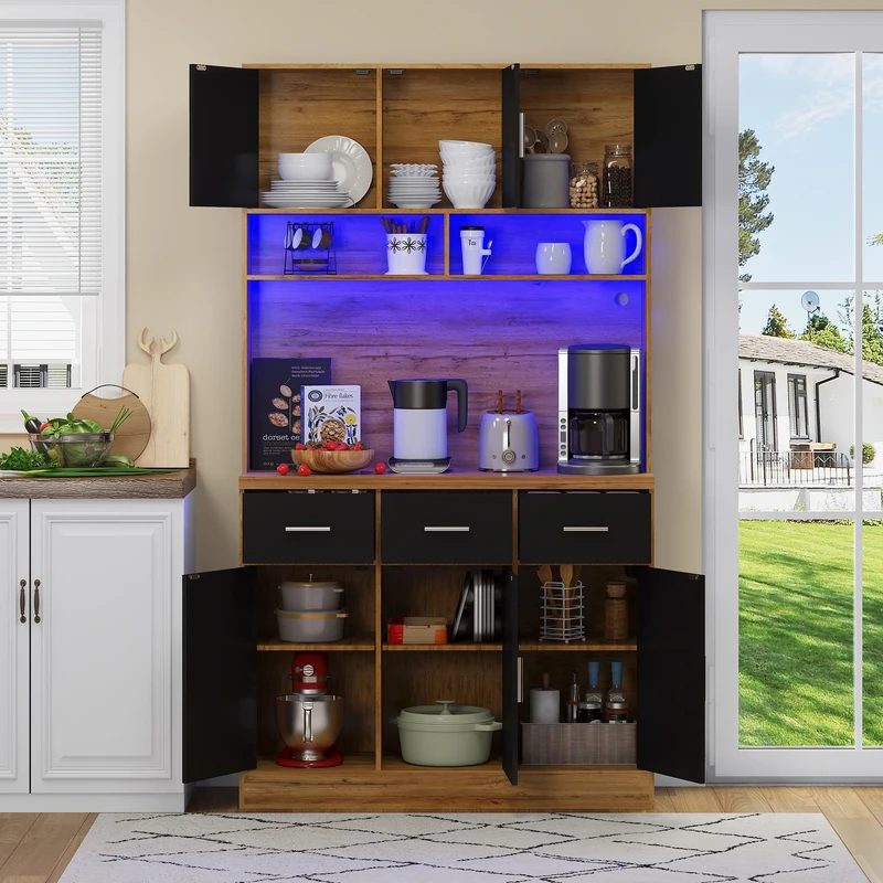 39F Furniture Dream Modern Tall Kitchen Pantry Cabinet with LED Lighting, App Control, Charging Station, Drawers & Adjustable Shelves, 100x40x180cm, Natural & Black, MDF, Buffet Sideboard for Dining R