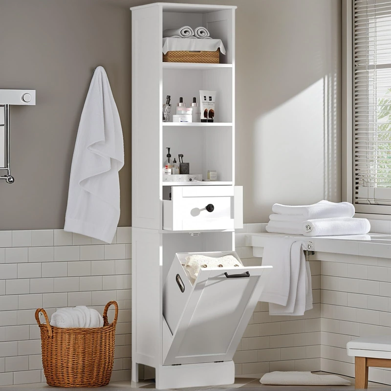 Feonase 68" Tall Bathroom Cabinet with with 3 Open Shelves and 1 Drawer, Slim Freestanding Storage Organizer with Removable Laundry Basket for Bathroom, Laundry, Hallway (White)