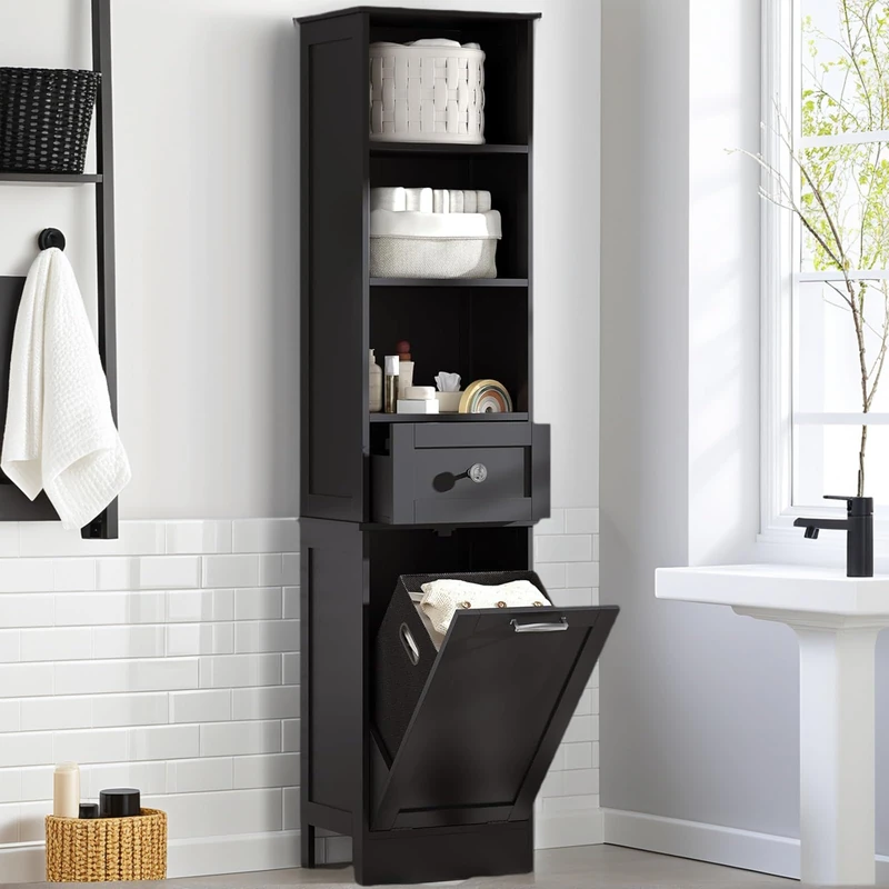 Feonase 68" Tall Bathroom Cabinet with with 3 Open Shelves and 1 Drawer, Slim Freestanding Storage Organizer with Removable Laundry Basket for Bathroom, Laundry, Hallway (Black)