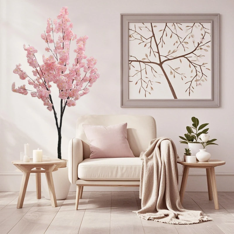 Lifelike Artificial Cherry Blossom Tree 180cm– Handmade Silk Pink Flowers in Pot – Decorative Faux Cherry Blossom Plant for Indoor & Outdoor Home, Office, Wedding, Party – No Assembly Needed –