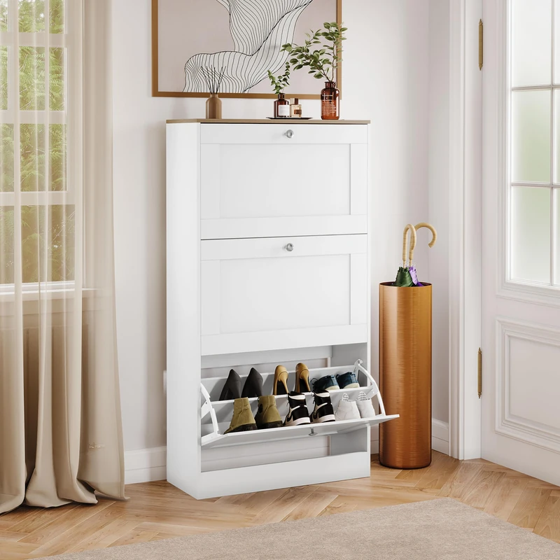 Vida Designs 3 Drawer Shoe Cabinet | White & Oak | Space-Saving Storage for 15+ Pairs | 117H x 58W x 23.5D cm | Anti-Tip | Modern Hallway Unit