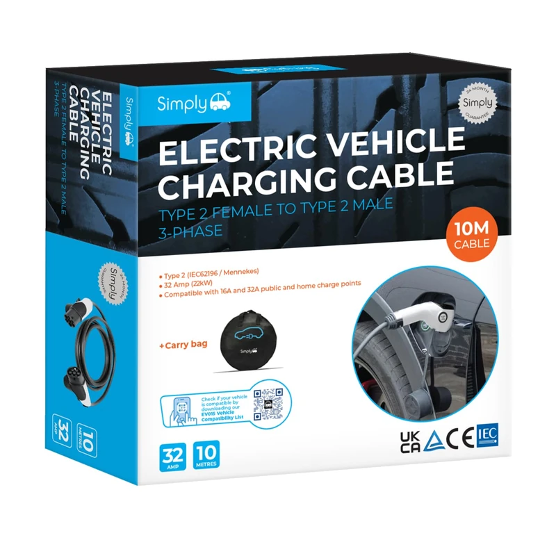 Simply EV015 Electric Vehicle Charging Cable, Type 2 to Type 2, 3-Phase, 32 Amp, 10 Metre Length, IP65 Rated, IEC/TUV Certified, UKCA/CE Compliant