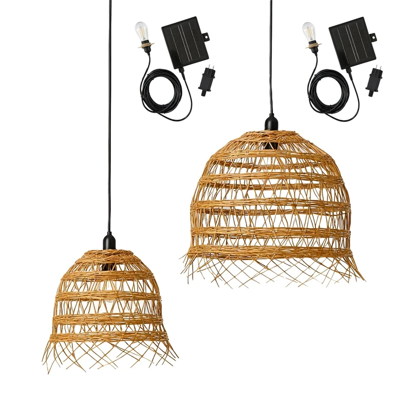 2 x Hawaii Long Solar Poly Rattan Solar Pendant Lights with Hybrid Mains and Solar Cable 5 m Length