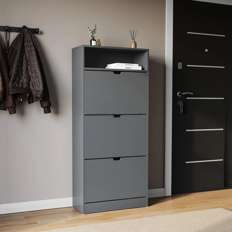 Vida Designs 3 Drawer Shoe Cabinet with Shelf | Grey |Slim Space-Saving Storage for 15+ Pairs | 132H x 60W x 24D cm | Anti-Tip | Modern Hallway Unit