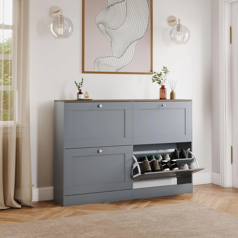 Vida Designs 4 Drawer Shoe Cabinet | Grey & Oak | Space-Saving Storage for 20+ Pairs | 80H x 105W x 23.5D cm | Anti-Tip | Modern Hallway Unit