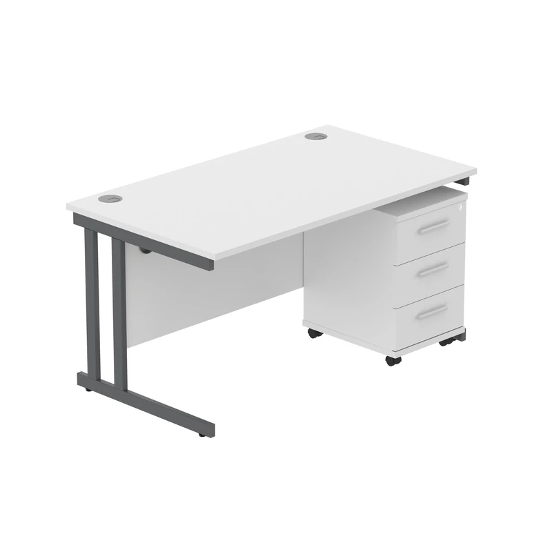 Office Hippo Heavy Duty Contract Grade Office Desk Workstation and Lockable 3-Drawer Pedestal Set, 120kg Weight Tolerance, 5-Year Warranty, FSC Certified, Arctic White, Graphite Legs, 1400 x 800mm
