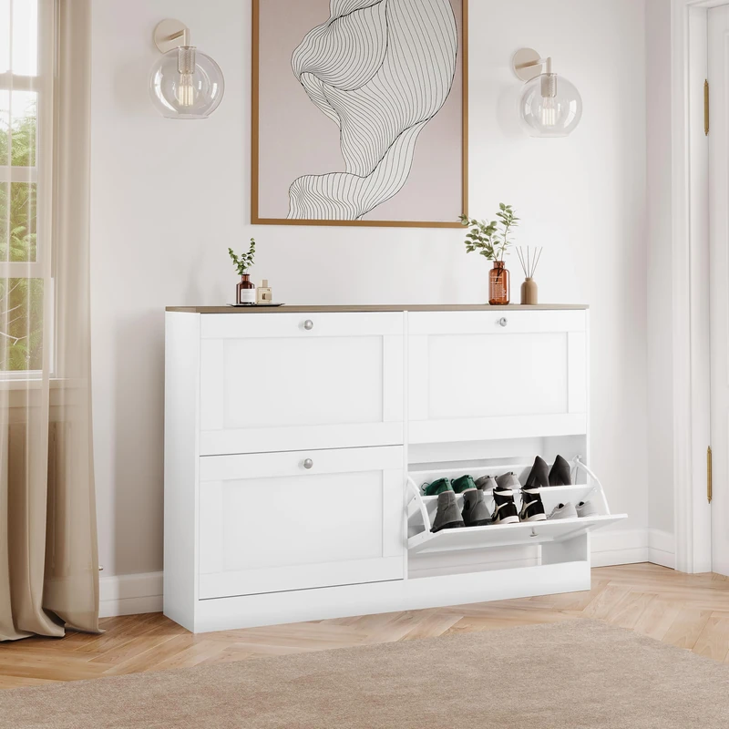 Vida Designs 4 Drawer Shoe Cabinet | White & Oak | Space-Saving Storage for 20+ Pairs | 80H x 105W x 23.5D cm | Anti-Tip | Modern Hallway Unit