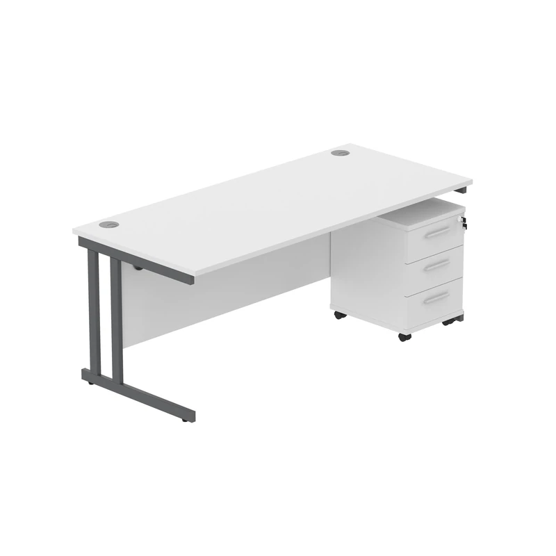 Office Hippo Heavy Duty Contract Grade Office Desk Workstation and Lockable 3-Drawer Pedestal Set, 120kg Weight Tolerance, 5-Year Warranty, FSC Certified, Arctic White, Graphite Legs, 1600 x 800mm