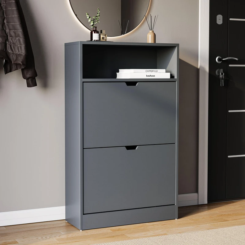 Vida Designs 2 Drawer Shoe Cabinet with Shelf | Grey | Slim Space-Saving Storage for 10+ Pairs | 97H x 60W x 24D cm | Anti-Tip | Modern Hallway Unit