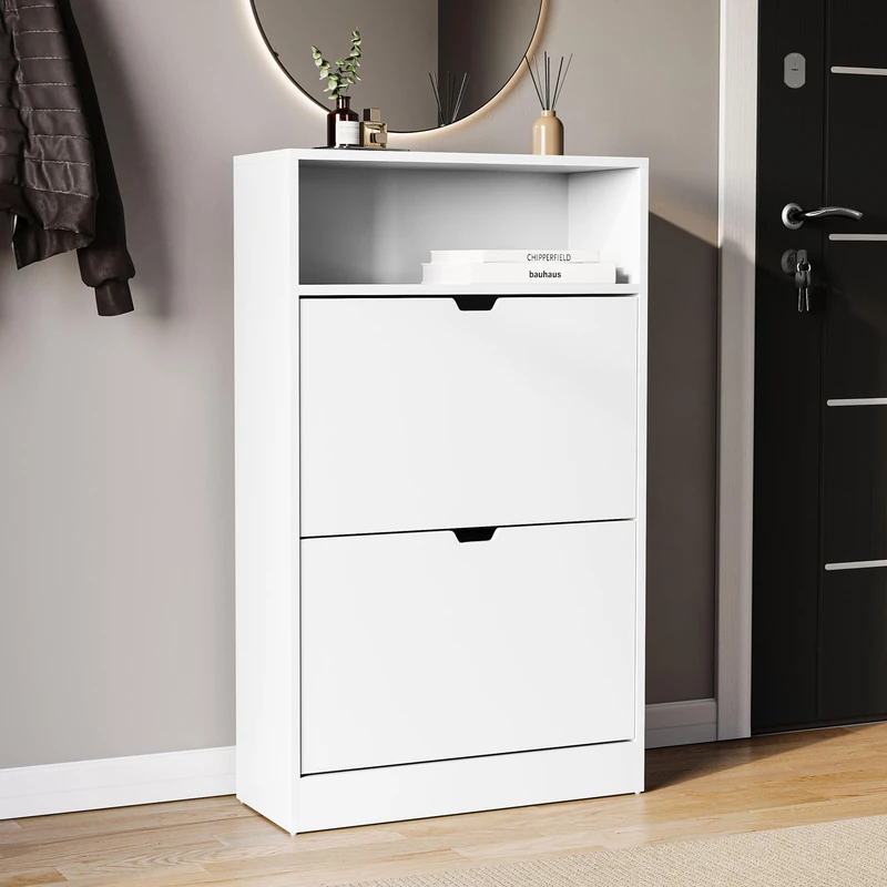 Vida Designs 2 Drawer Shoe Cabinet with Shelf | White | Slim Space-Saving Storage for 10+ Pairs | 97H x 60W x 24D cm | Anti-Tip | Modern Hallway Unit
