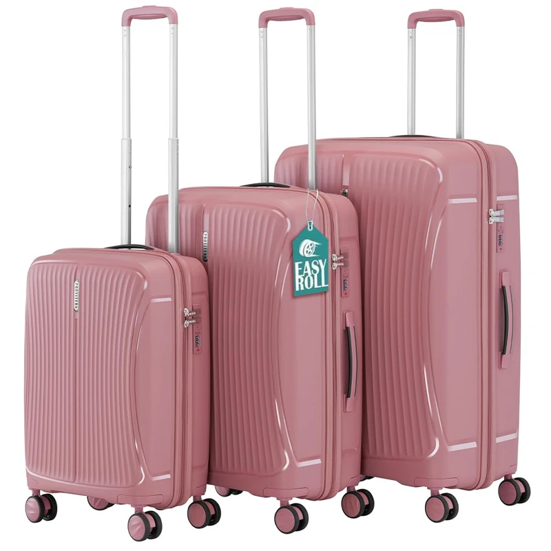 PROVITERA Set of 3 Hard ABS Suitcases 90L - 59L -38L with Silent Wheels Easy Roll 360° Swivel, Ultralight Suitcase with Reinforced Combination Lock, Ergonomic Telescopic Handle, Pink, Classic