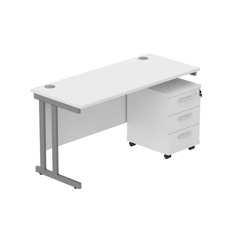 Office Hippo Heavy Duty Contract Grade Office Desk Workstation and Lockable 3-Drawer Pedestal Set, 120kg Weight Tolerance, 5-Year Warranty, FSC Certified, Arctic White, Graphite Legs, 1400 x 600mm
