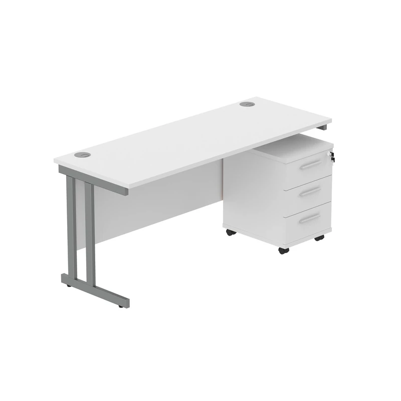 Office Hippo Heavy Duty Contract Grade Office Desk Workstation and Lockable 3-Drawer Pedestal Set, 120kg Weight Tolerance, 5-Year Warranty, FSC Certified, Arctic White, Graphite Legs, 1600 x 600mm