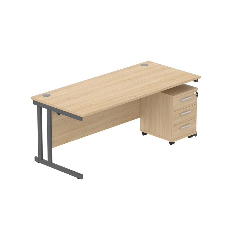 Office Hippo Heavy Duty Contract Grade Office Desk Workstation and Lockable 3-Drawer Pedestal Set, 120kg Weight Tolerance, 5-Year Warranty, FSC Certified, Canadian Oak, Graphite Legs, 1600 x 800mm