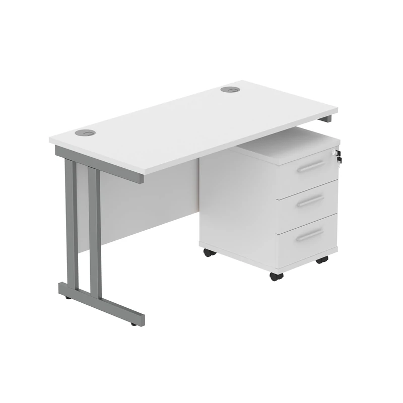 Office Hippo Heavy Duty Contract Grade Office Desk Workstation and Lockable 3-Drawer Pedestal Set, 120kg Weight Tolerance, 5-Year Warranty, FSC Certified, Arctic White, Graphite Legs, 1200 x 600mm