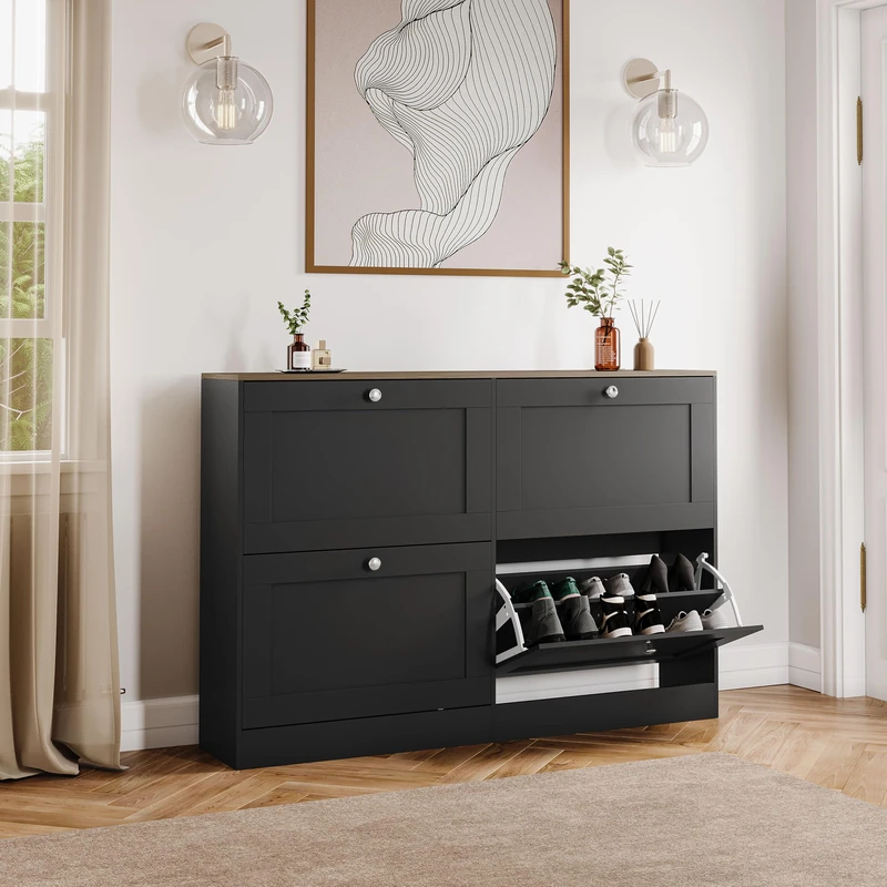 Vida Designs 4 Drawer Shoe Cabinet | Black & Oak | Space-Saving Storage for 20+ Pairs | 80H x 105W x 23.5D cm | Anti-Tip | Modern Hallway Unit