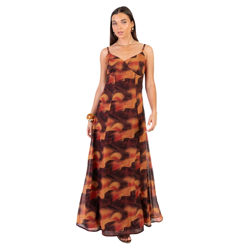 Anaya with Love Women's Maxi Dress Ladies V-Neck Sleeveless Cami Shift Graphic Print Empire A-line Prom Occasion Evening Gown, Orange 16