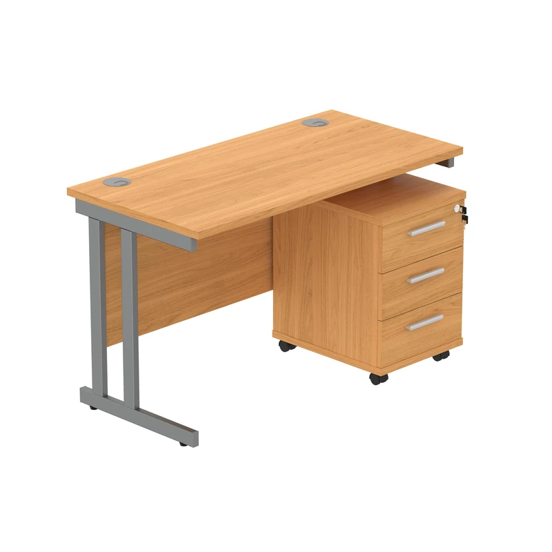 Office Hippo Heavy Duty Contract Grade Office Desk Workstation and Lockable 3-Drawer Pedestal Set, 120kg Weight Tolerance, 5-Year Warranty, FSC Certified, Norwegian Beech, Graphite Legs, 1200 x 600mm
