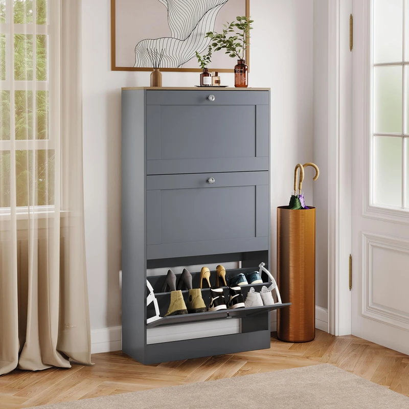 Vida Designs 3 Drawer Shoe Cabinet | Grey & Oak | Space-Saving Storage for 15+ Pairs | 117H x 58W x 23.5D cm | Anti-Tip | Modern Hallway Unit